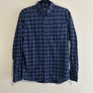 Uniqlo Mens Navy Blue Plaid Long Sleeve Button-Down Shirt 100% Cotton Size S